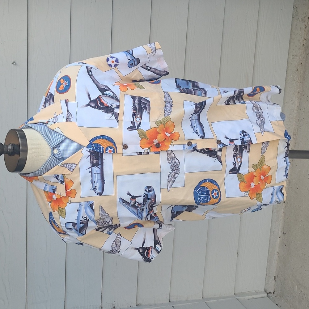 KALAHEO Military War Planes Cotton Rayon Sz‎ L Short Sleeve Hawaiian Shirt RARE